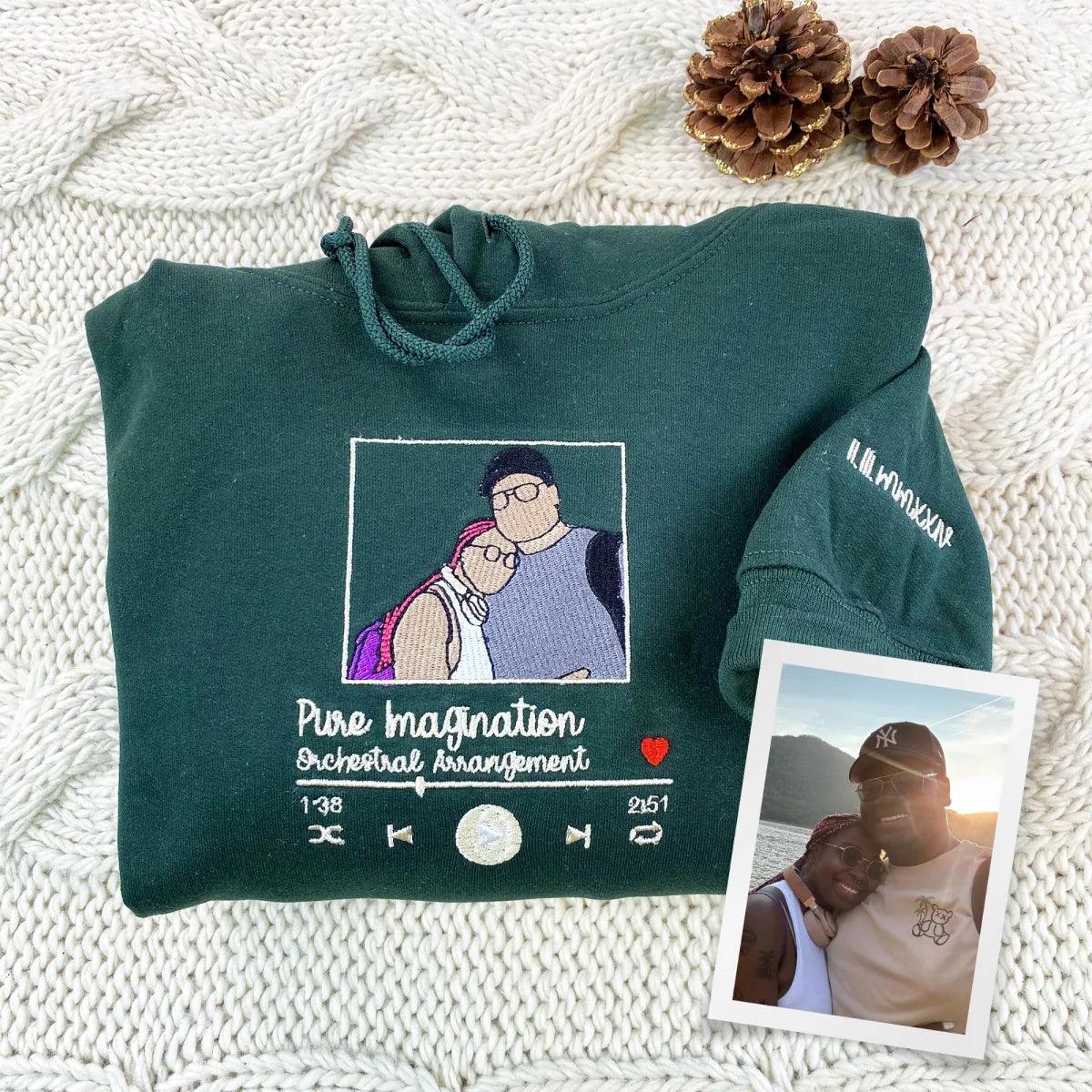 Embroidered Favorite Song Hoodie with Photo Portrait - Romantic Couple Gift