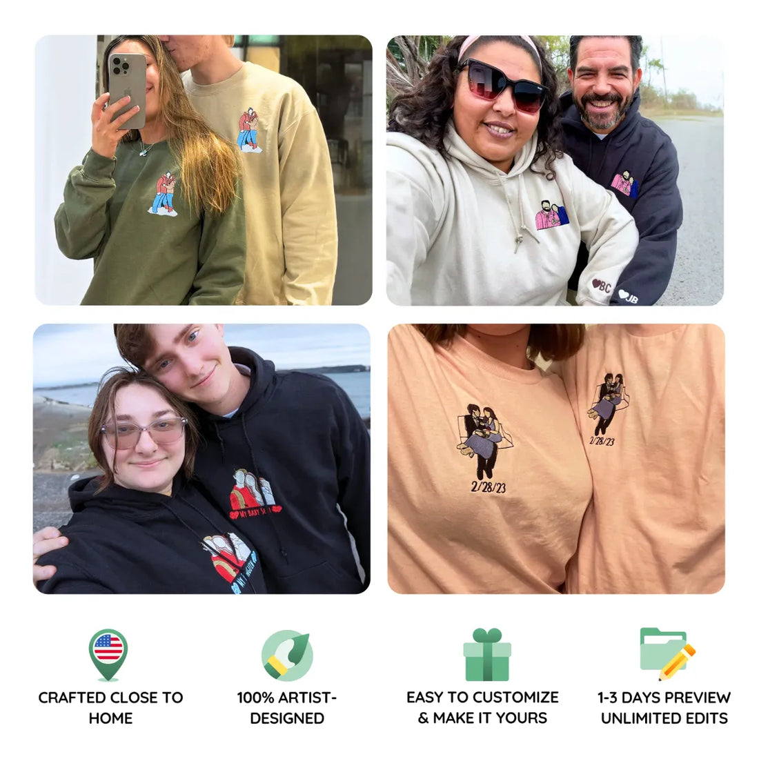 Embroidered Wedding Hoodie with Couple Portrait - Matching Photo Gift