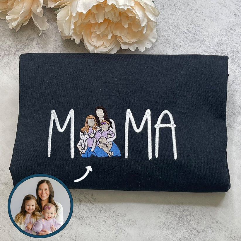 Embroidered Mama Portrait Hoodie with Initial - Mother Gift
