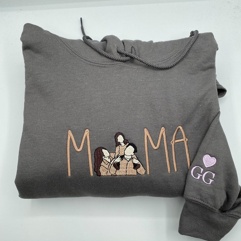 Embroidered Mama Portrait Hoodie with Initial - Mother Gift