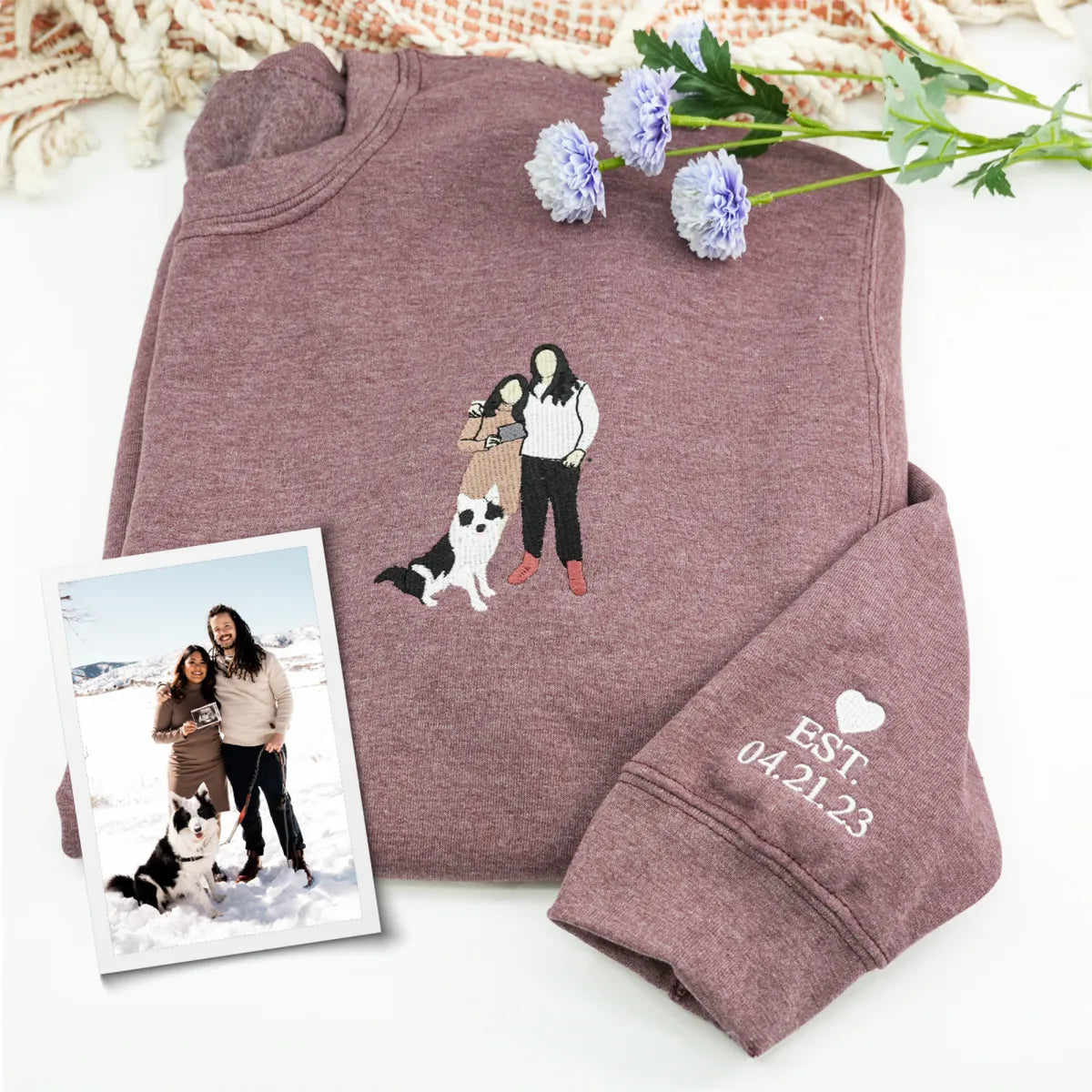 Embroidered Anniversary Hoodie with Full Color Couple Portrait - Wedding Gift