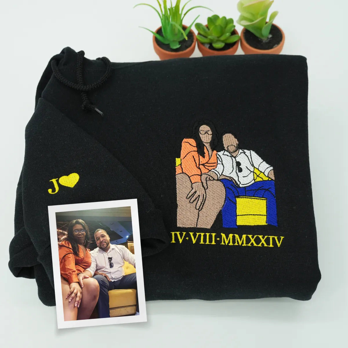 Embroidered Roman Numeral Hoodie with Photo Portrait - Couple Gift