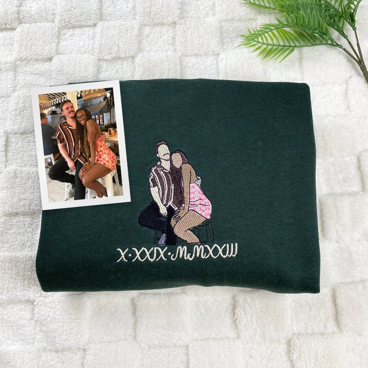 Embroidered Roman Numeral Hoodie with Photo Portrait - Couple Gift