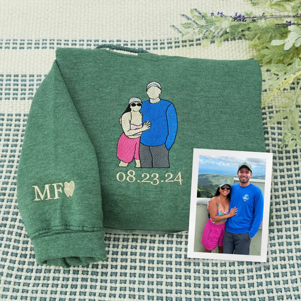 Embroidered Roman Numeral Hoodie with Photo Portrait - Couple Gift