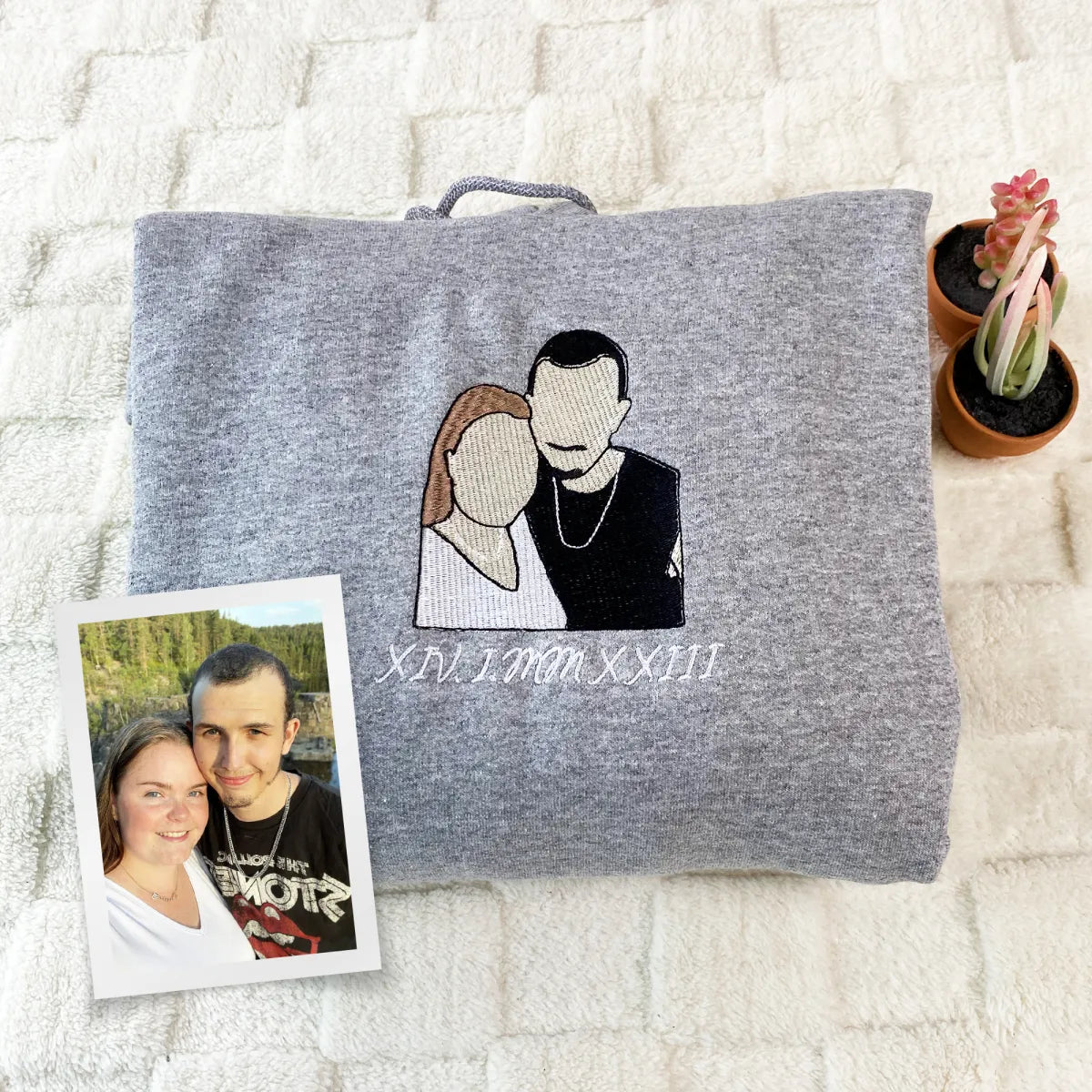 Embroidered Roman Numeral Hoodie with Photo Portrait - Couple Gift
