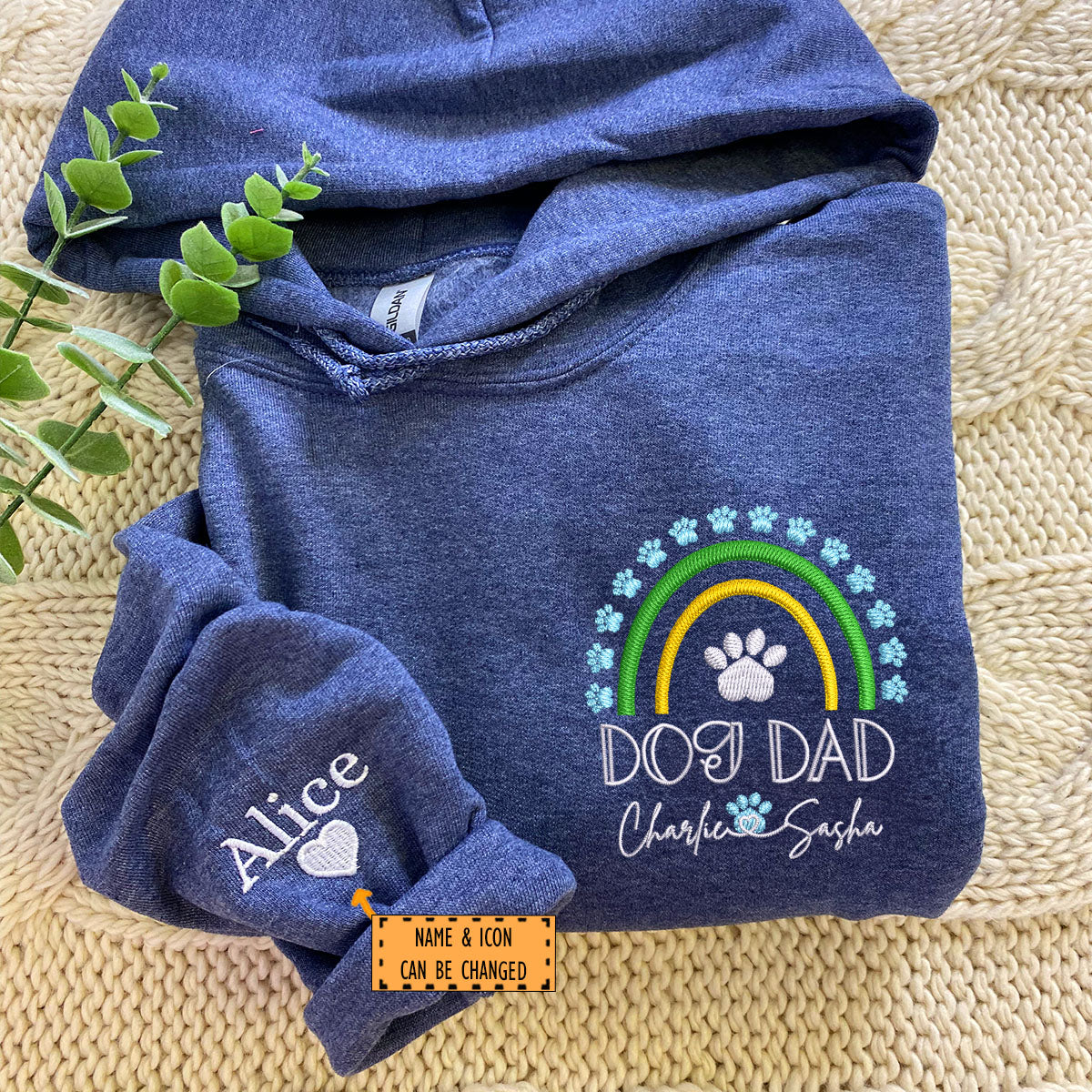 Embroidered Dog Dad Hoodie with Pet Names - Rainbow Design Pet Gift
