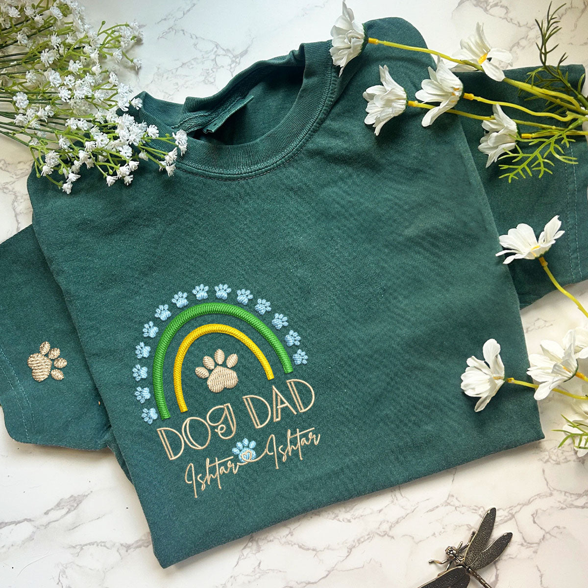 Embroidered Dog Dad T-Shirt with Pet Names - Rainbow Design Pet Gift