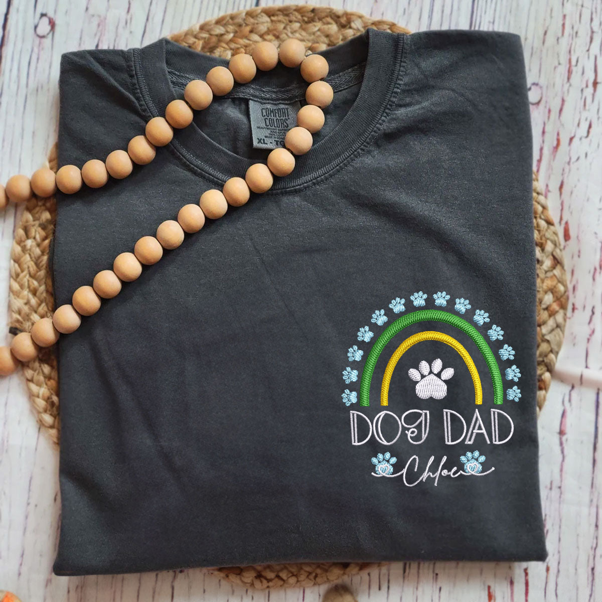 Embroidered Dog Dad T-Shirt with Pet Names - Rainbow Design Pet Gift