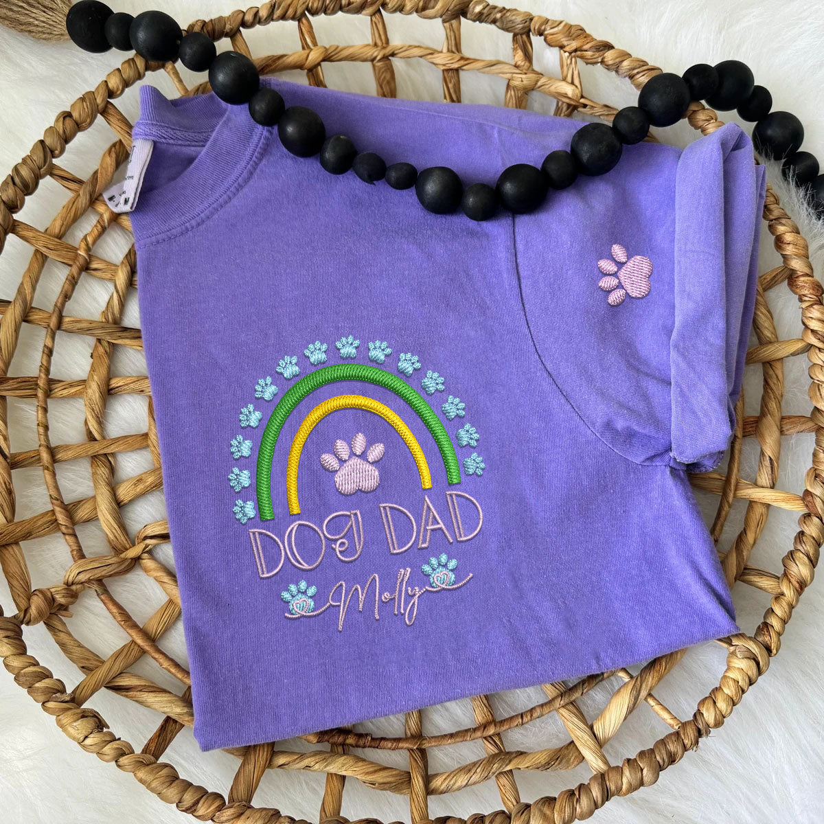 Embroidered Dog Dad T-Shirt with Pet Names - Rainbow Design Pet Gift