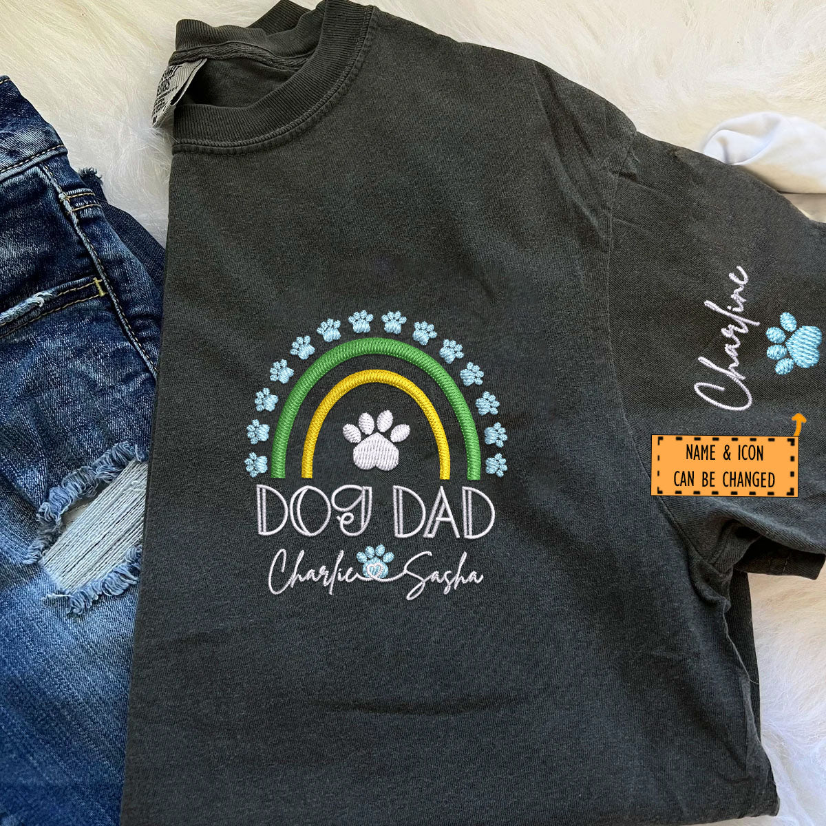 Embroidered Dog Dad T-Shirt with Pet Names - Rainbow Design Pet Gift