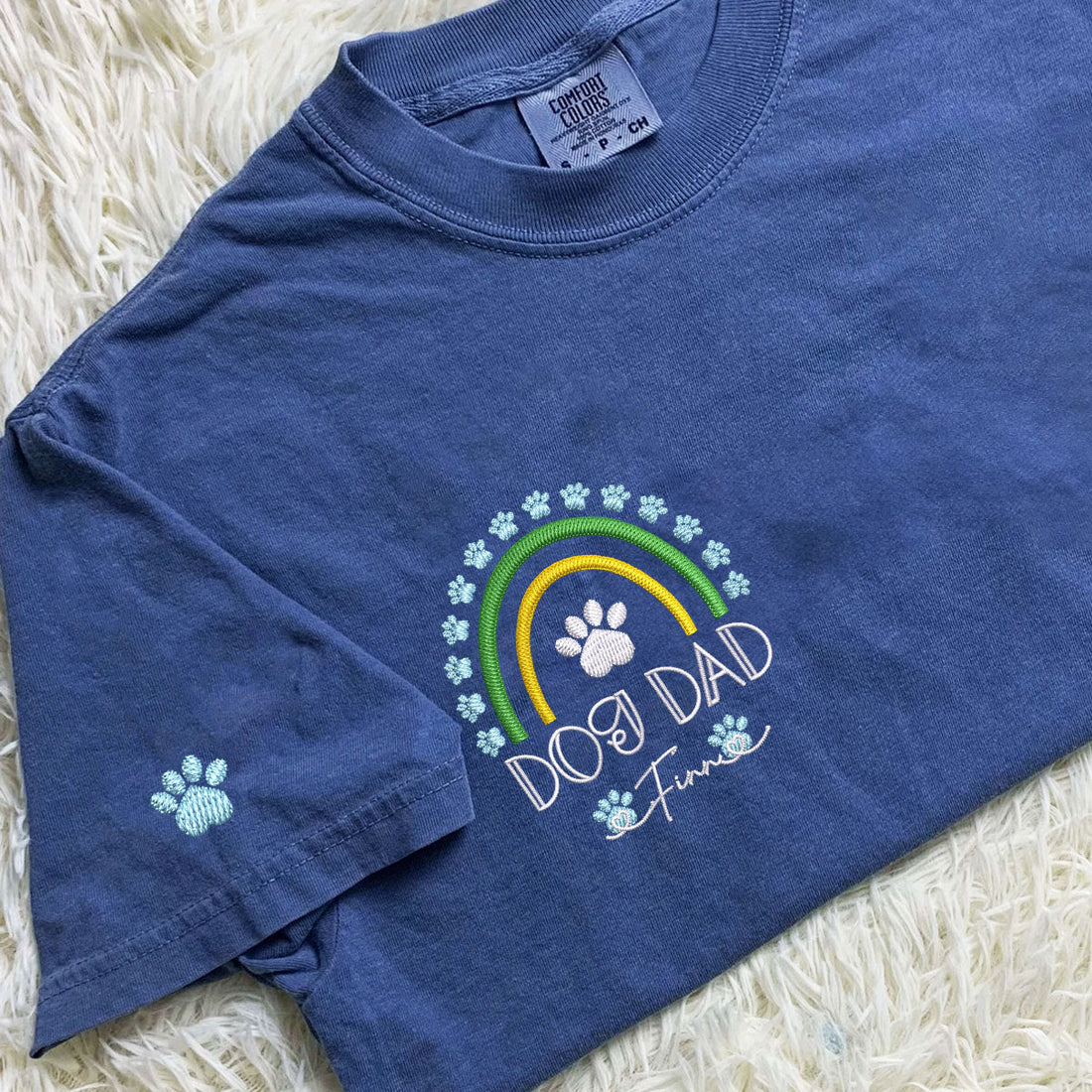 Embroidered Dog Dad T-Shirt with Pet Names - Rainbow Design Pet Gift