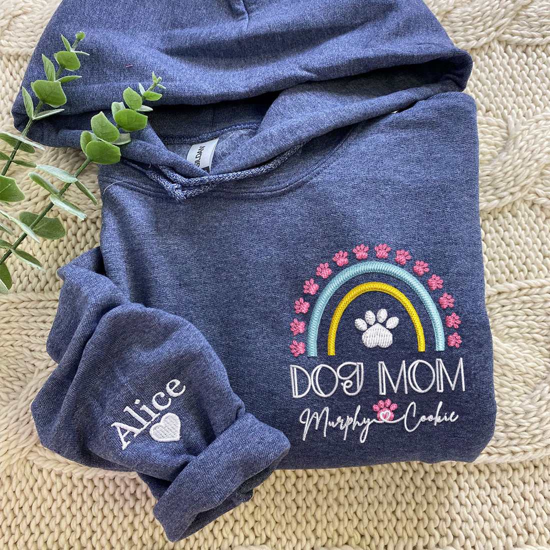Embroidered Dog Mom Hoodie with Pet Names - Rainbow Design Pet Gift