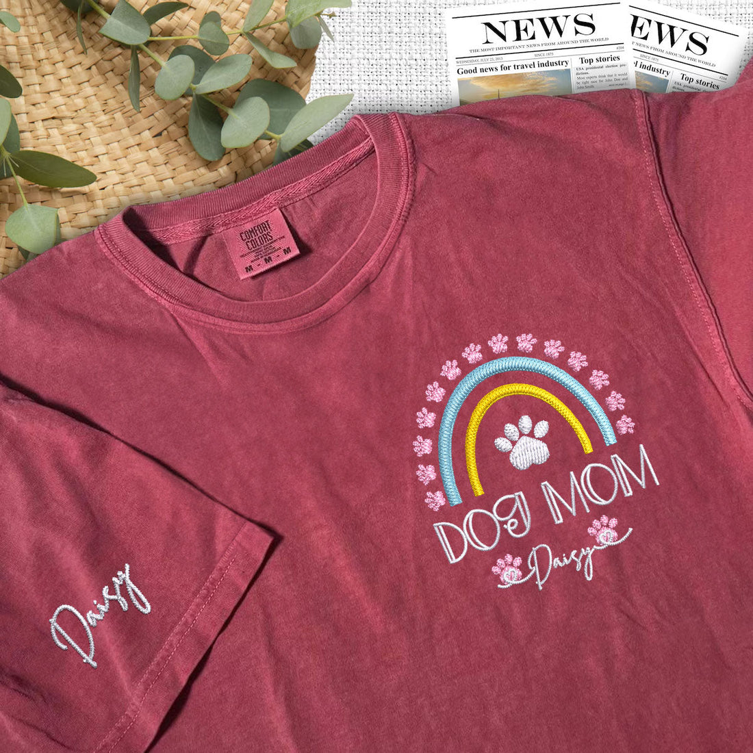 Embroidered Dog Mom T-Shirt with Pet Names - Rainbow Design Pet Gift