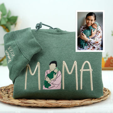 Embroidered Mama Portrait Hoodie with Initial - Mother Gift