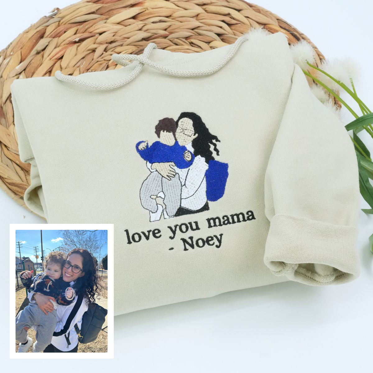 Embroidered Mother & Son Portrait Hoodie - Photo Gift