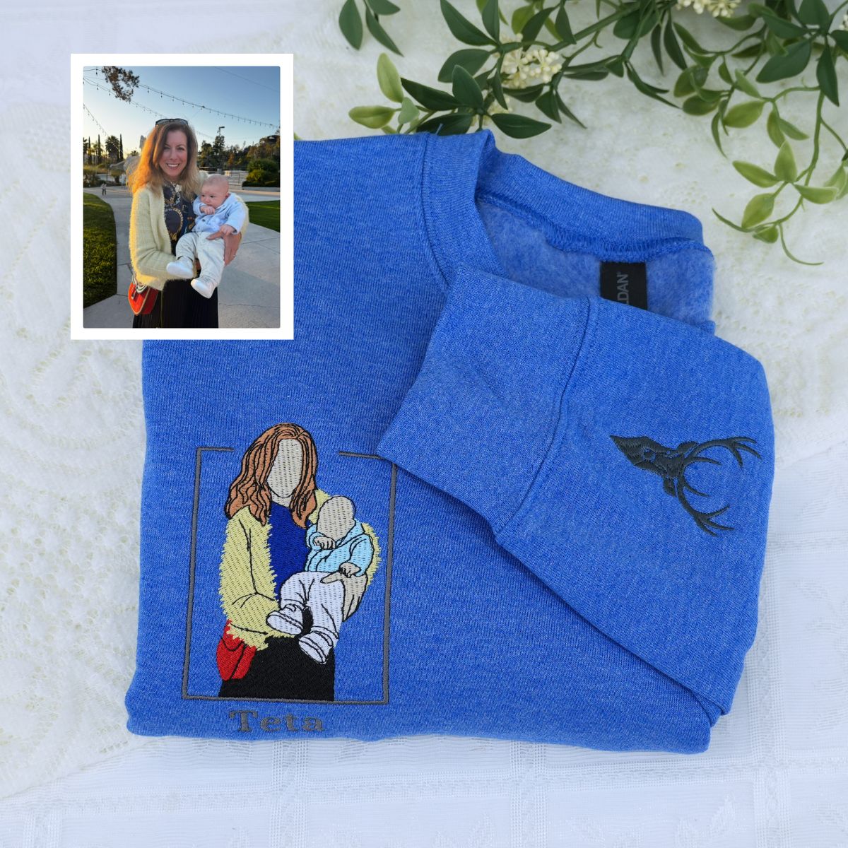 Embroidered Mother & Son Portrait Hoodie - Photo Gift