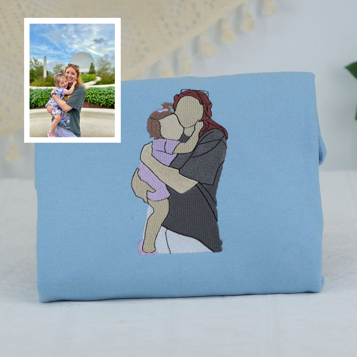 Embroidered Mother & Son Portrait Hoodie - Photo Gift